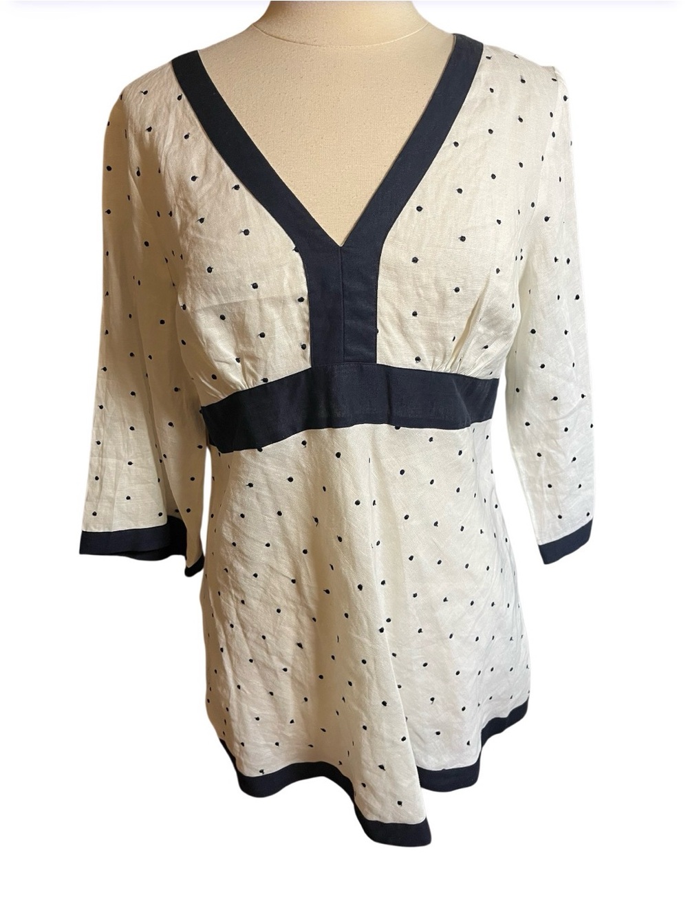 Carole Little Linen White Top & Navy Polka Dot Tunic Top with Navy Trim Size XL
